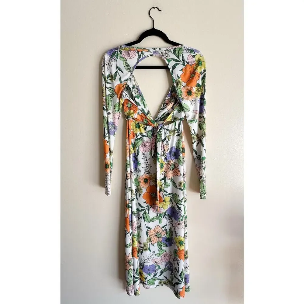 AFRM White Vintage Floral Assi Long Sleeve Cutout V Neck Open Back Maxi Dress XS